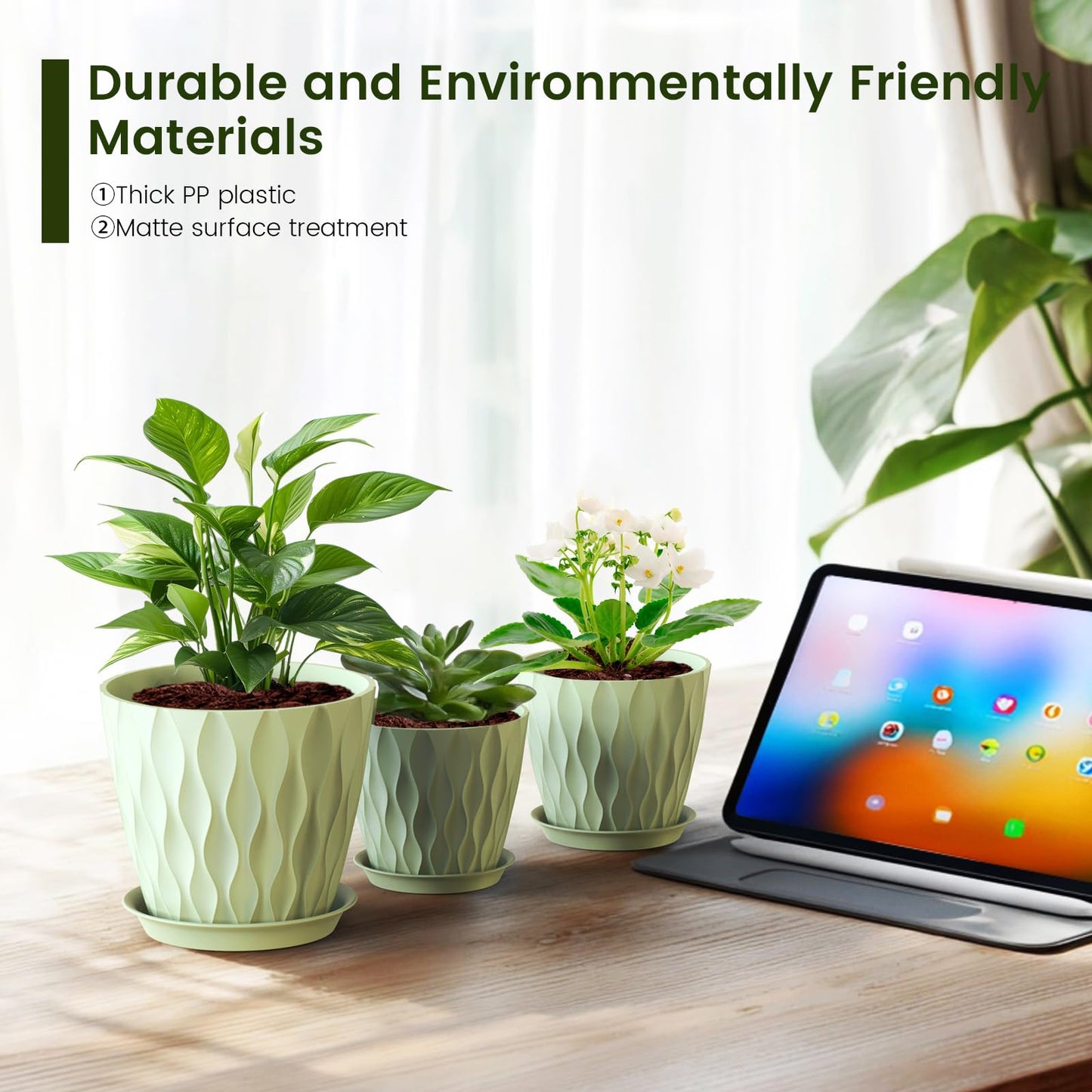 Meowell 7/6.5/6/5.5/5/4.5/4 inch Plant Pots for Indoor Outdoor Plants, 7 Pack Thick Flower Pots with Drainage Holes and Saucers, Modern Wave Texture Plastic Planter Pots for Nursery, Succulent, Green