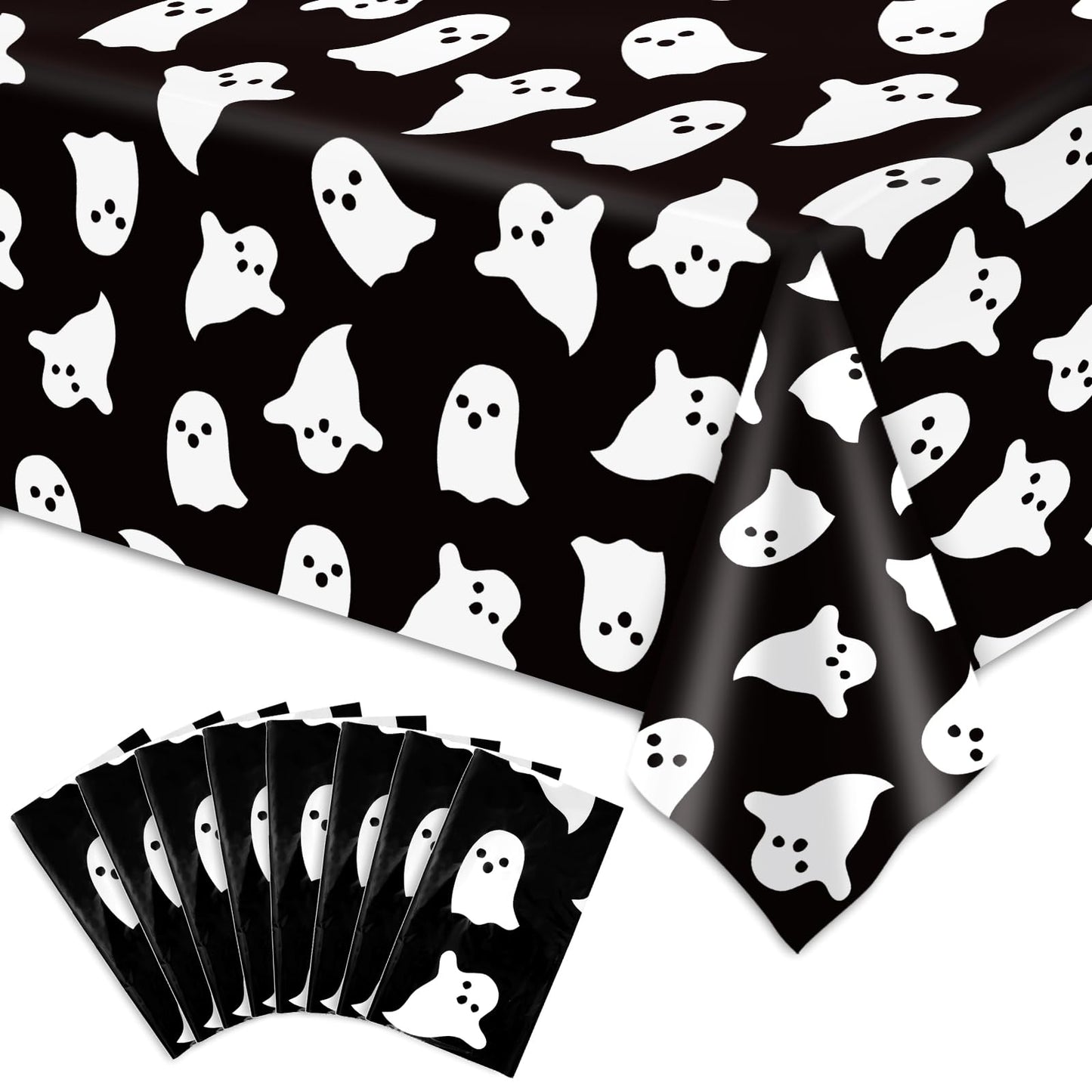JarThenaAMCS 8 Pcs Halloween Plastic Tablecloths White Black Ghost Disposable Table Cover Spooky Rectangle Table Cloth for Trick or Treat Party Decor, 54 x 108 Inch