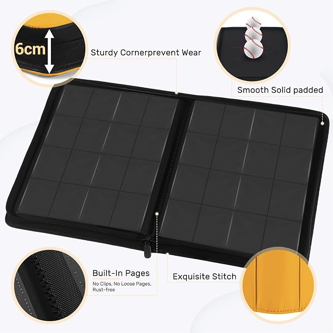 1000+ Pockets Trading Card Binder, 16 Pocket Zipper Binder Card Album, 32 Pack Double-sided Side Loading Non-Ring Card Binder, Card Holder Folders for MTG, TCG, Game Cards & Sports Cards, Yellow
