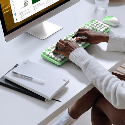 MOFII Wireless Keyboard and Mouse Combo, Computer Full Size 2.4G Plug and Play Wireless Typewriter Retro Round Keyboard and Mouse Set for Windows, Computer, Desktop, PC, Notebook - (Light Green)