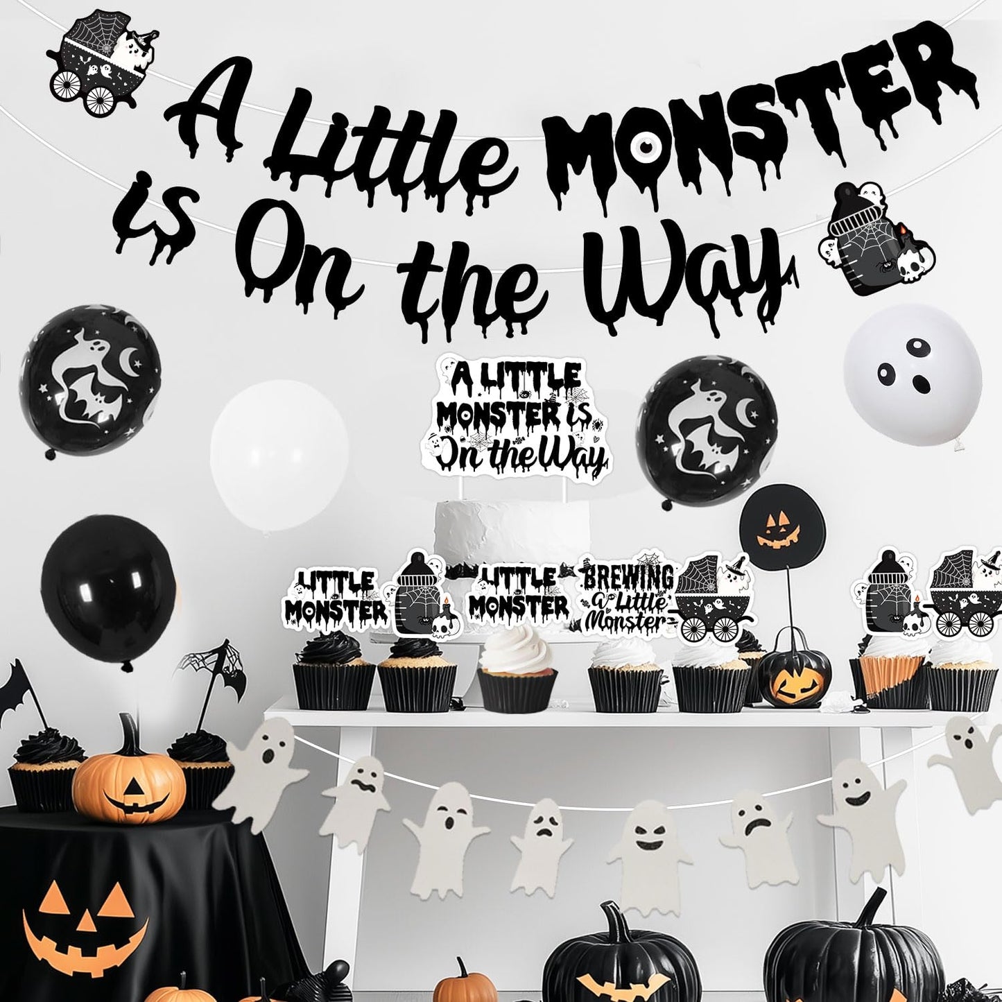 Halloween Gothic Baby Shower Decorations, A Little Monster is on the Way Banner Garland Ghost Bat Little Monster Cake and Cupcake Toppers Balloons Kit for Halloween a Baby Is Brewing Party Supplies