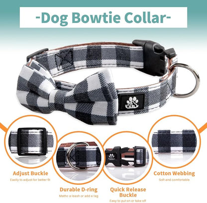 IVY&LANE Dog Collar with Bowtie and Leash Set | Plaid Adjustable Dog Collar | Detachable Bow Tie |5 FT Dog Leash | for Small Medium Large Dogs | Checkered Black | Small
