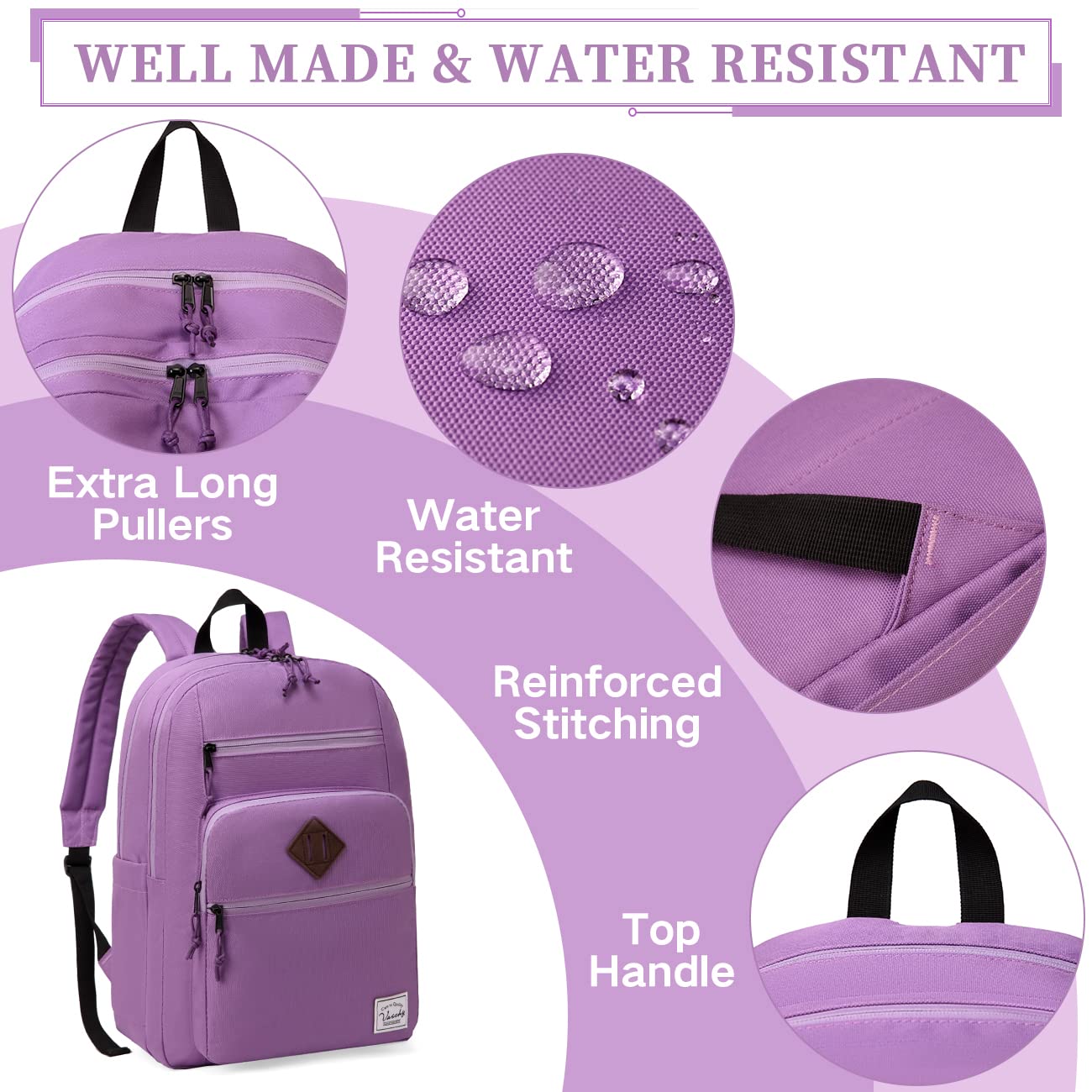 VASCHY School Backpack for Women, Unisex Large Bookbag Schoolbag Casual Daypack for High School/College/Teens/Travel/Work Purple