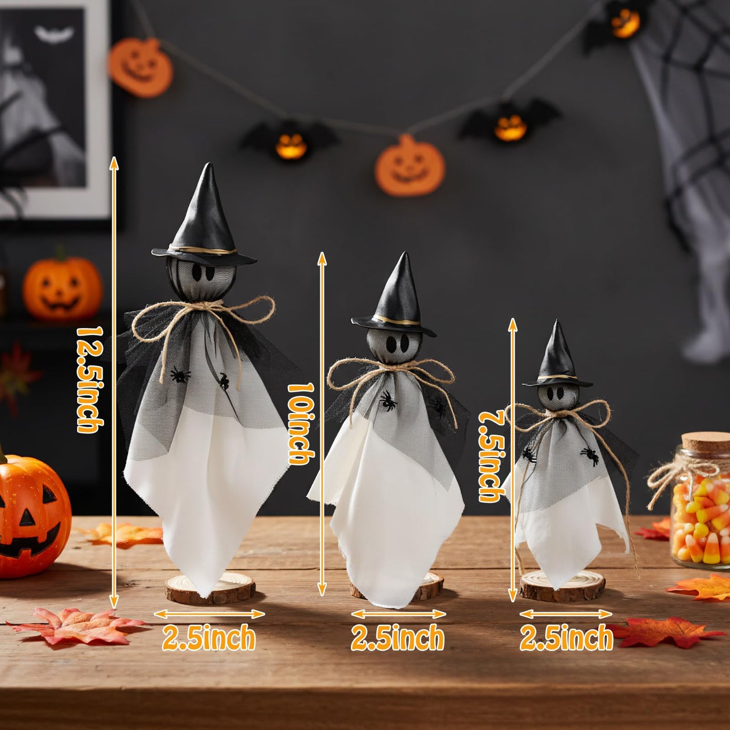 AceOrbit Halloween Decorations Indoor Ghost Set of 3 Sizes Primitive Ghost Wooden Stand Rustic with Witch Hat Spider Fabric Figure Shelf Sitters Table Centerpieces Tiered Tray Halloween Party Supply