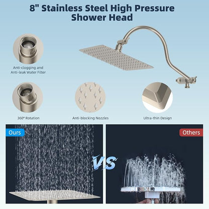 Hibbent All Metal CUPC Certified Shower Head, 8'' High Pressure Rainfall Shower Head, Handheld Showerhead Combo, 12'' Adjustable Extension Arm, 10 Sprays, 71'' Hose, Showerhead Holder, Brushed Nickel