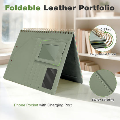Clipboard with Storage for Men Women, Leather Padfolio Portfolio Organizer 5 Folders with 10 Pockets, Spiral Clipboard Folio with Notepad for Letter Size, Elastic Closure and Pen Loop Sage Green