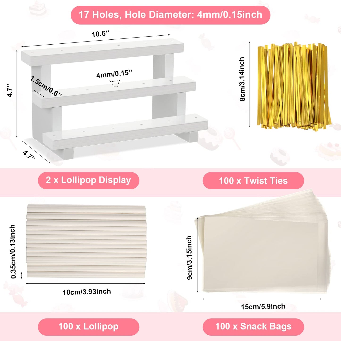 Tuanse 2 Pack Wooden Cake Pop Stand 3 Tier Cake Pop & Lollipop Display Holder with 100 Treat Bags Lollipop Sticks and Gold Twist Ties for Dessert Table Wedding Baby Shower Birthday Party(Wood)