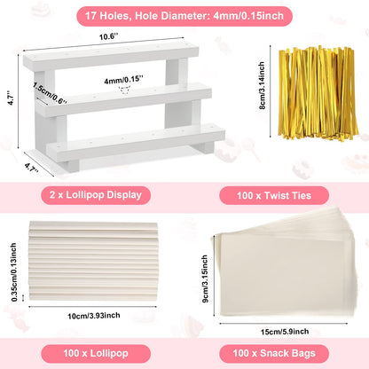 Tuanse 2 Pack Wooden Cake Pop Stand 3 Tier Cake Pop & Lollipop Display Holder with 100 Treat Bags Lollipop Sticks and Gold Twist Ties for Dessert Table Wedding Baby Shower Birthday Party(Wood)