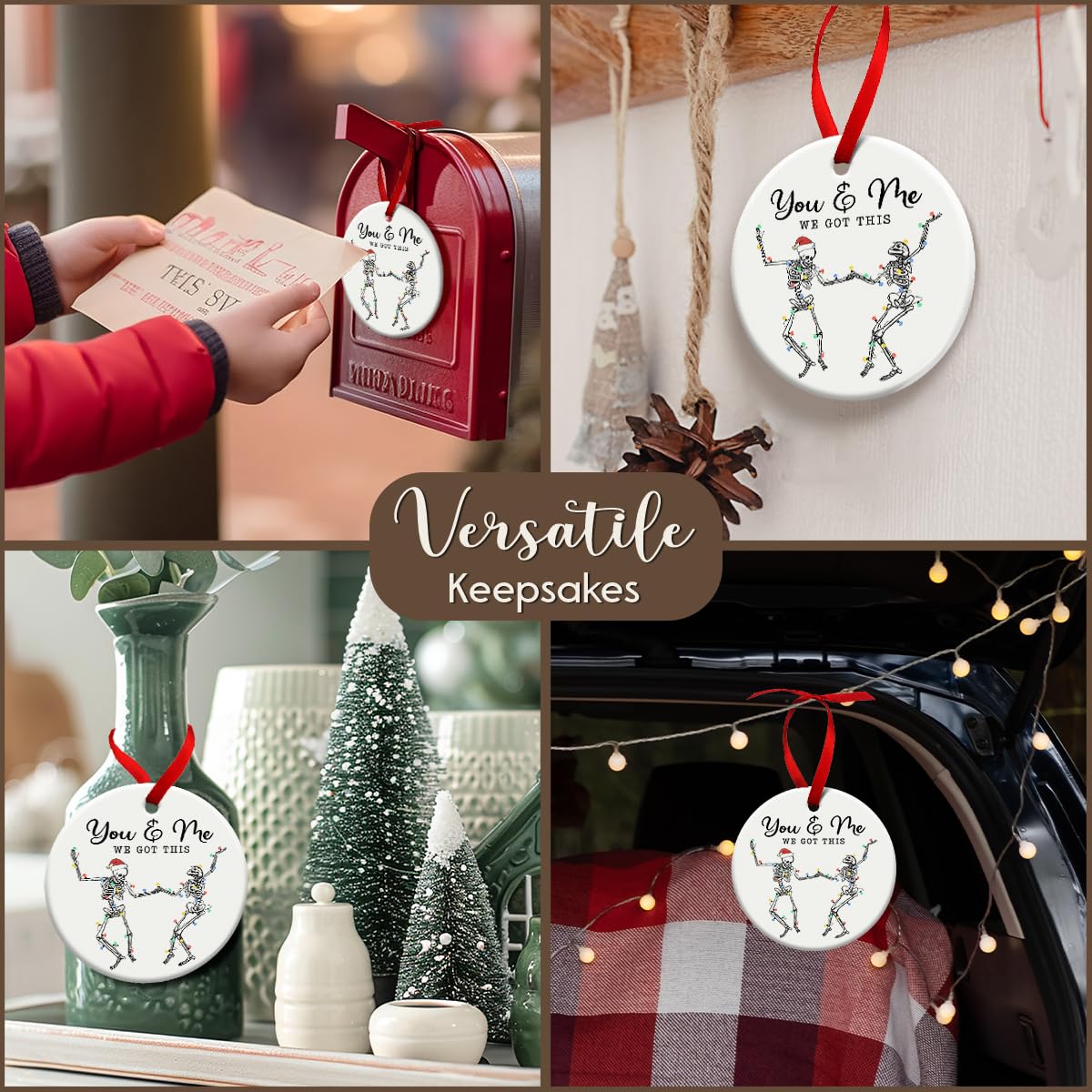 SOL VIBES Couple Christmas Ornament 2025, Xmas Hanging Ornaments, Dancing Skeleton Ornament on Christmas or Halloween, You & Me Gifts for Love and Friendship, Girlfriend, Boyfriend, or Soul Sisters