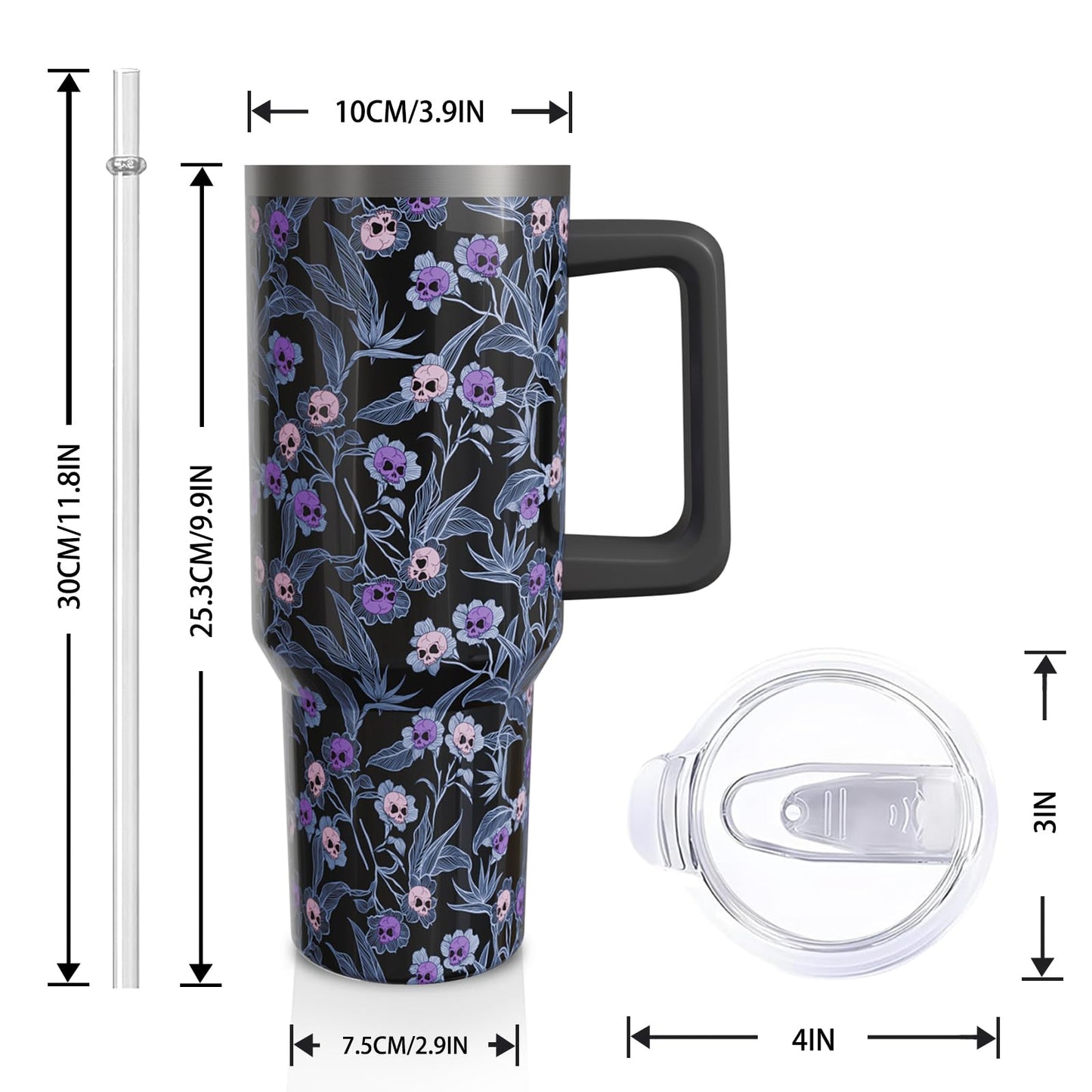 Aokoyi 40oz Halloween Gothic Tumbler with Handle and Straw, Goth Skull Stainless Steel Insulated Cup Water Bottle, Halloween Holiday Gifts for Women Men (1PC)