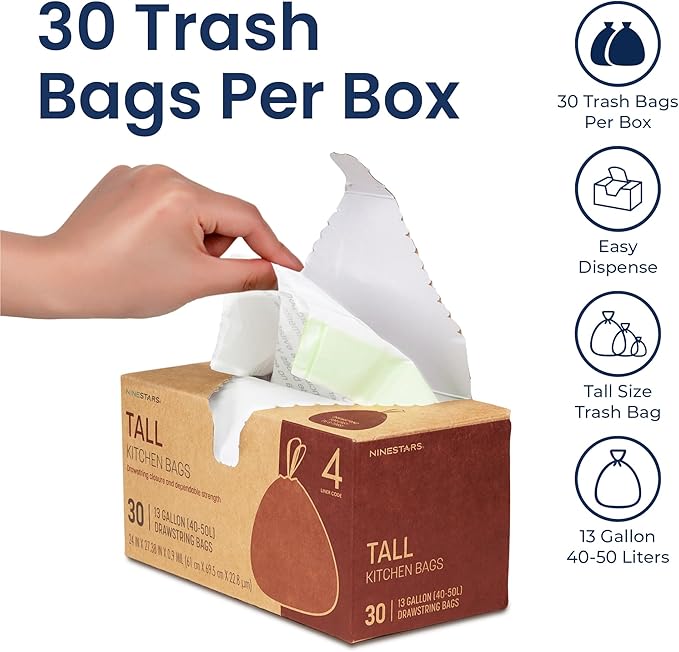 NINESTARS 13 Gallon Extra Thick Drawstring Trash Bags, Heavy Duty Leak-Proof