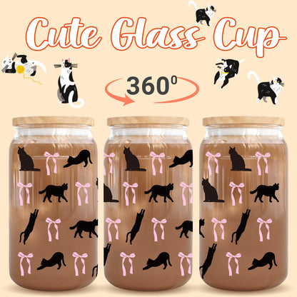 RVEAFA Cute Cat and Bows Iced Coffee Cup Halloween Glass Tumbler Gifts for Women Cat Lovers Gifts for Birthday Halloween Christmas Day, 16oz Glass Cups with Lids and Straw