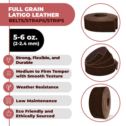 ELW 5-6 oz (2-2.4mm) Latigo Leather Belt Grade Straps | Size: 1.5"x50" (3.8x127cm) | Brown | Full Grain Cowhide, Heavy Duty Holsters, Sheathes, Harness, Saddle, Guitar Straps, Crafts