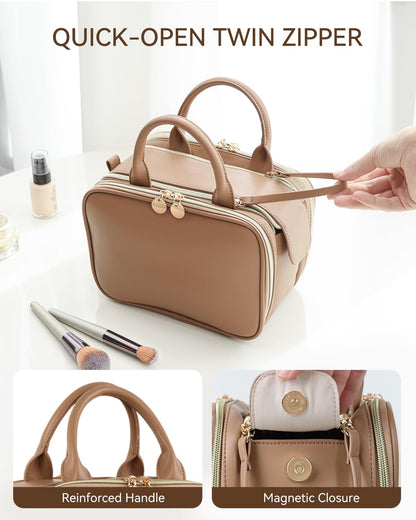 Prite Makeup Bag for Women, Large Capacity Waterproof Travel Cosmetic Organizer, Portable Open Flat Toiletry Bag with Free-standing Brush Holder and Handle(Brown Medium)