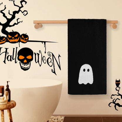 kuchisity 4 Pcs Hand Towels Embroidered Black White Ghost Cotton Dish Towel for Bathroom, Hand Drying, Cleaning, Kitchen, Cooking Gift (27.5x13.7 Inch)