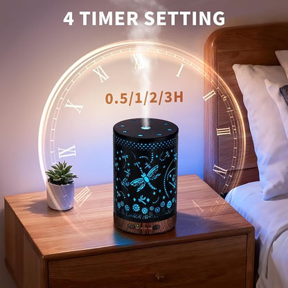 Essential Oil Diffuser 120ML Metal Aromatherapy Diffuser with Timer, Cool Mist Humidifier with Auto Shut-Off & 7 Color Lights for Home Office Spa (Dragonfly)