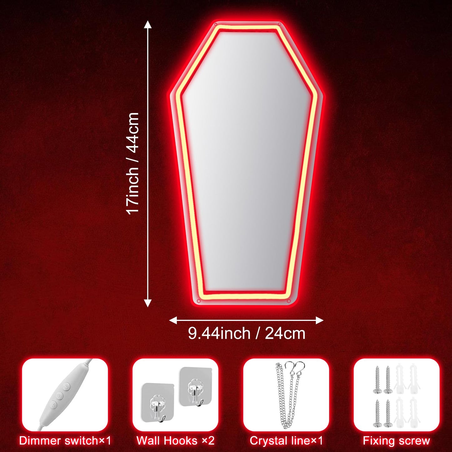 Coffin Mirror Neon Sign, Coffin Neon Signs for Wall Decor, Goth Neon Sign Gift for Goth Lovers, Coffin Make-up Mirror Whimsical Goth Home Decor 17″×9.44″