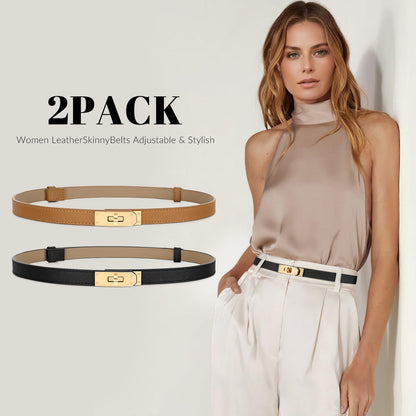 Women Skinny Leather Belt for Dresses Jeans Coats Solid Color Alloy Turn Lock 2 Pack Adjustable Thin Waistband