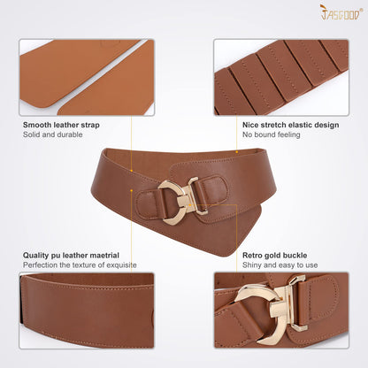 JASGOOD Women's Fashion Vintage Wide Elastic Stretch Waist Belt with Gold Interlock Buckle Halloween Belt (Brown,Suit Waist 36-42 Inch)