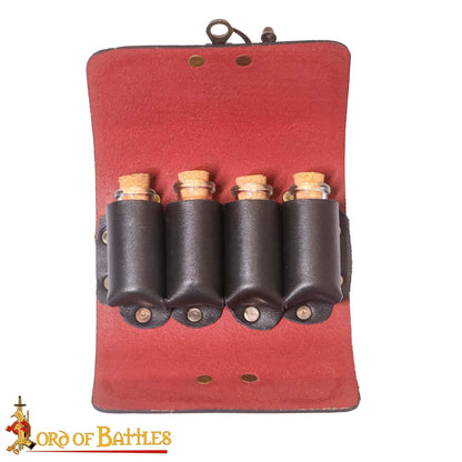 Lord of Battles Medieval Alchemy Buff Leather Belt Bag with 4 Mini Glass Bottles | The Elfic Potion Vintage Belt Waist Pouch Side Pack for Ren Faire, Cosplay (Maroon)