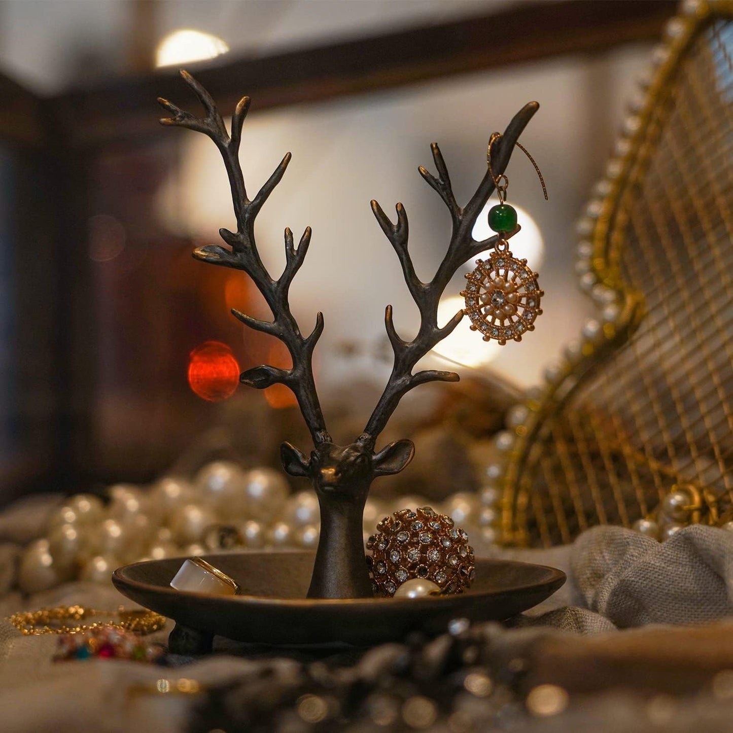 SOFFEE DESIGN Jewelry Tray Ring Dish Holder, Metal Deer Antler Jewelry Stand with Tray Display Organizer, Deer Tree Jewelry Hanger Rack for Hanging Necklaces, Rings, Earrings, Bracelet, Watches