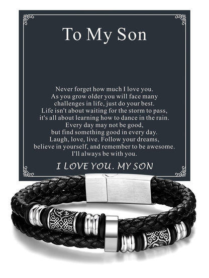 ChainsPro Leather Bracelet Gifts for Men,Black Braided Bracelets Stainless Steel Celtic & Compass Bracelets Leather,Ideas Jewelry Gifts for Anniversary Christmas Father's Day Birthday Valentines Engraved with To My Son 8.26 inches