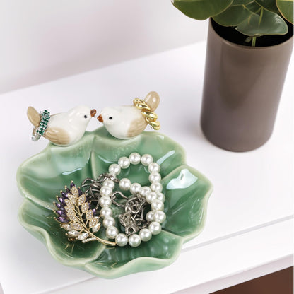 Fordonral Ceramic Jewelry Tray Trinket Dish Decorative Cute Bird & Lotus Leaf Ring Holder Dish Aesthetic Room Vanity Decor (Green)