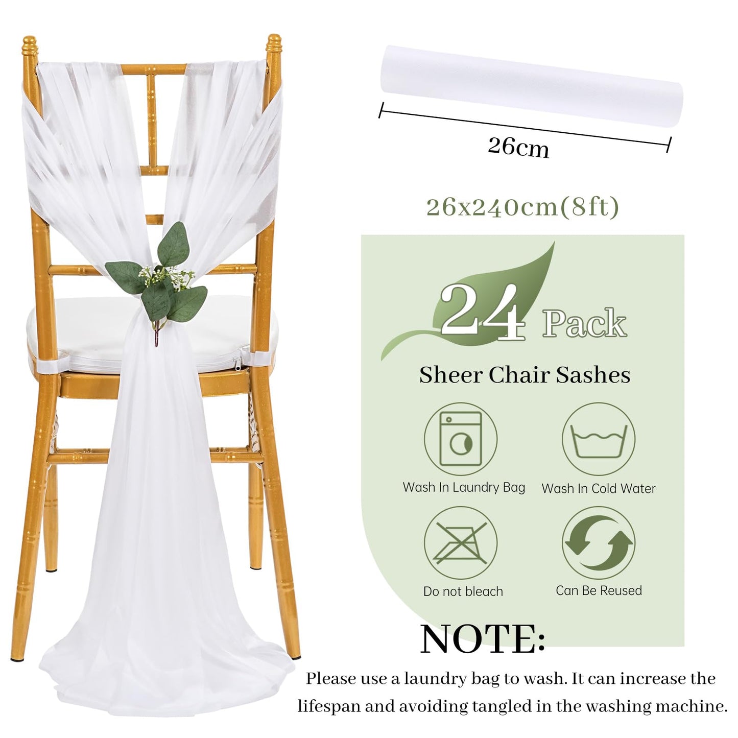 QueenDream White Chair Sashes Wedding Aisle Decorations: 24 Packs 8ft Long Draping Fabric Sheer Church Chair Cover Bulk for Party Banquet