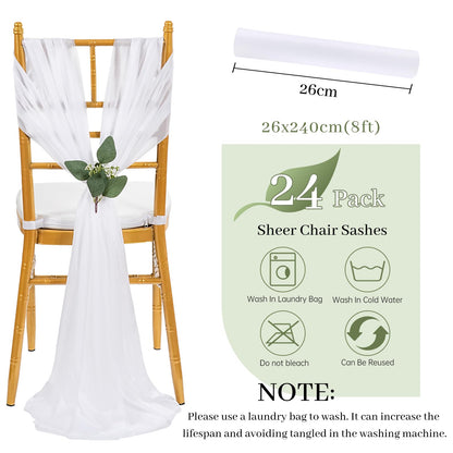 QueenDream White Chair Sashes Wedding Aisle Decorations: 24 Packs 8ft Long Draping Fabric Sheer Church Chair Cover Bulk for Party Banquet