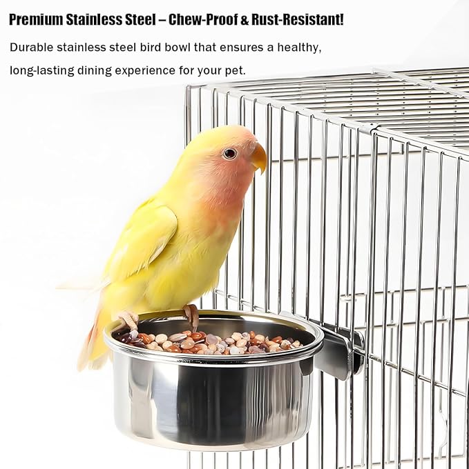 Parrot Feeding Cups Stainless Steel Bird Cage Feeder & Water Bowl - Chew-Proof Food Bowls with Clamp Holder for Parrot, Cockatiel, Conure, Budgie, Macaw, and Small Animals (S-1Pc)