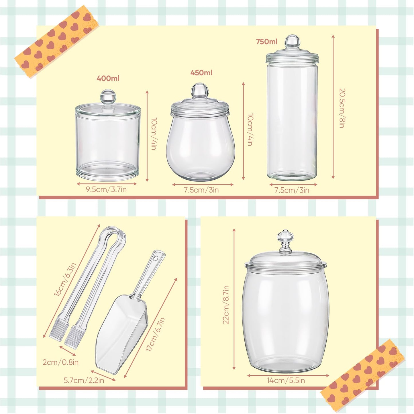 Suclain 10 Pcs Plastic Candy Jars with Lids Apothecary Jars with 6 Set Ice Tongs and Scoops Cookie Jar Candy Buffet Containers Candybar Supplies for Graduation Gift Birthday Party Wedding Decoration