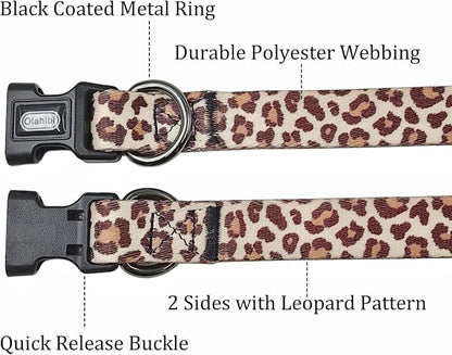 Dog Collar Leash Set, Leopard Pattern, Polyester Material, Adjustable Collar and 5ft Matching Leash, for Puppy Dogs.(XS, Light Coffee Leopard)