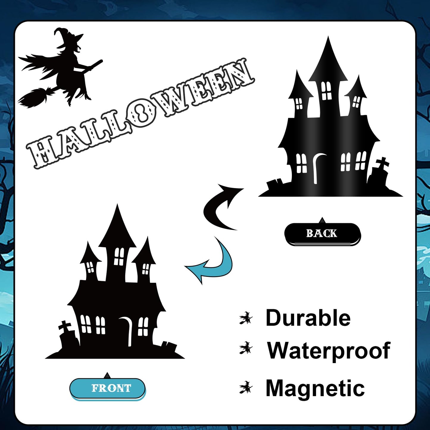 JarThenaAMCS 31Pcs Halloween Garage Decoration Magnet Stickers Black Witch Bat Spider Castle Star Refrigerator Decals for Party Home Door Car Dishwasher Decor