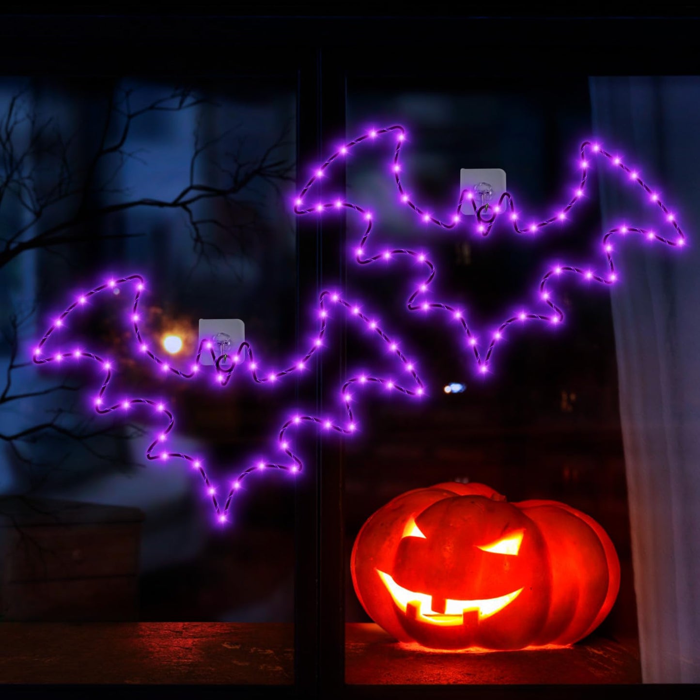 Halloween Decorations, 2 Pack Bat Window Lights, 8 Modes Battery Operated Halloween Lights with Timer, Waterproof Window Silhouette Light for Indoor Window Door Yard Party Decor