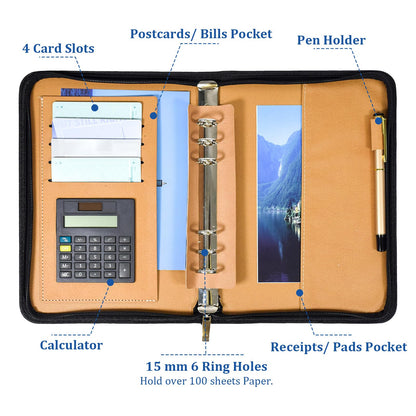 SAYEEC Executive Conference Folder A5 Zipped Portfolio Binder Faux Leather Padfolio Refillable Business Notebook Organizer with Calculator Loose Leaf Paper Gift for Man Women