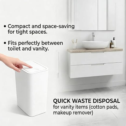 Compact Push-in Trash Can with Lid for Bathrooms, Kitchens, Living Rooms, Offices, Etc., Trash Can with Pop-Up Lid, 10 Liter/2.6 Gallon Slimline (White)