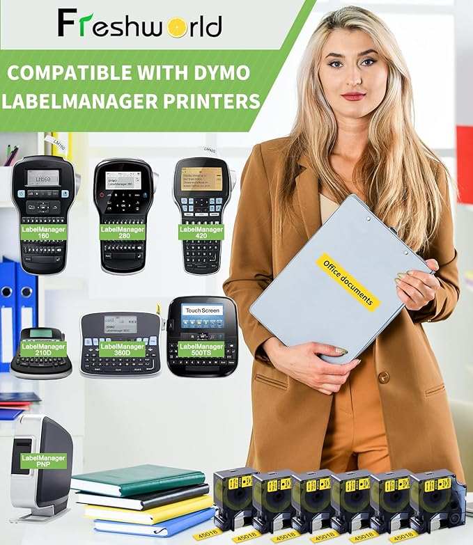 FreshWorld 3X a45018 Replace for Dymo D1 Label Tape Label Maker Refill Black on Yellow S0720580,1/2 Inch x 23 Ft Compatible with DYMO COLORPOP LabelManager 160 210D 260P 280 360D 420P 450D Duo