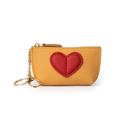 Doris&Jacky Cowhide Leather Coin Purse, Mini Zipper Card Holder With Cute Red Heart Design and Key Chain (Yellow)