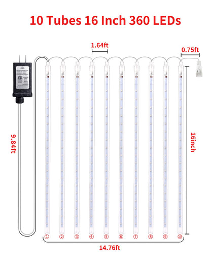 Blingstar Meteor Shower Lights Outdoor 10 Tubes 16 Inch 360 LED Christmas Waterproof Falling Rain Plug-in Dripping Icicle for Tree Porch Roof Yard Xmas Halloween Decoration, Red