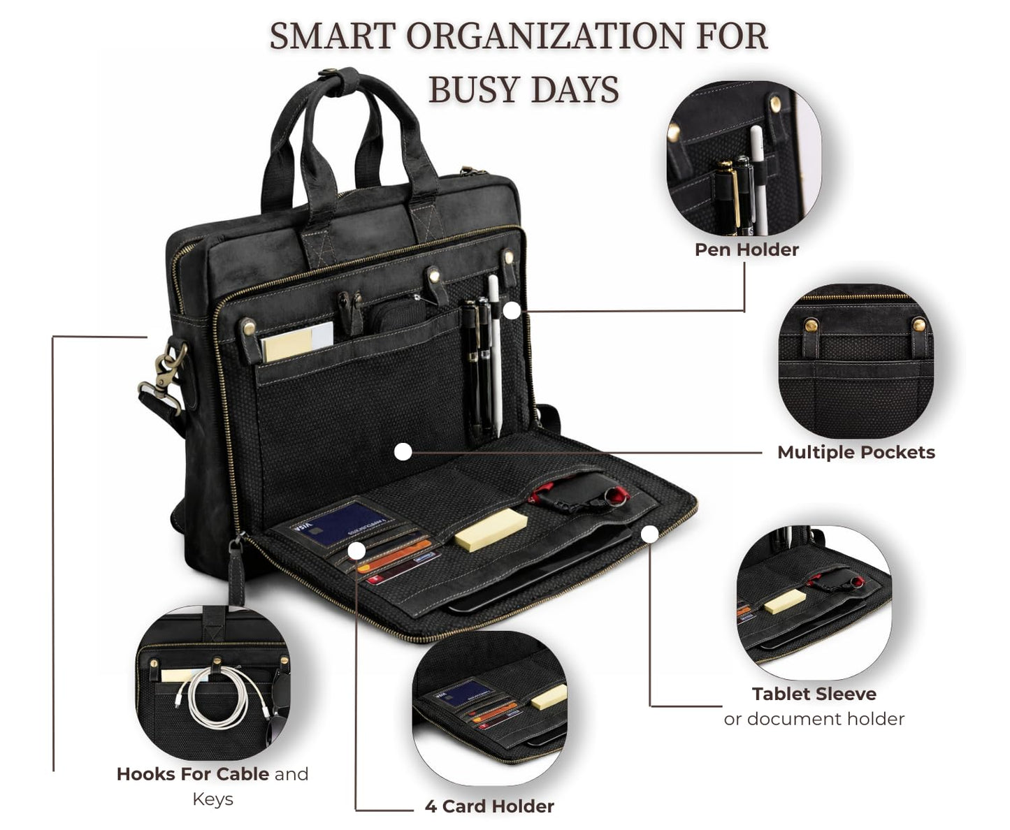NomadCraftsCo. Black Leather Messenger Bag for Men, Genuine Leather Briefcase, 18 Inch Work Satchel for Office, Travel, and Business Use
