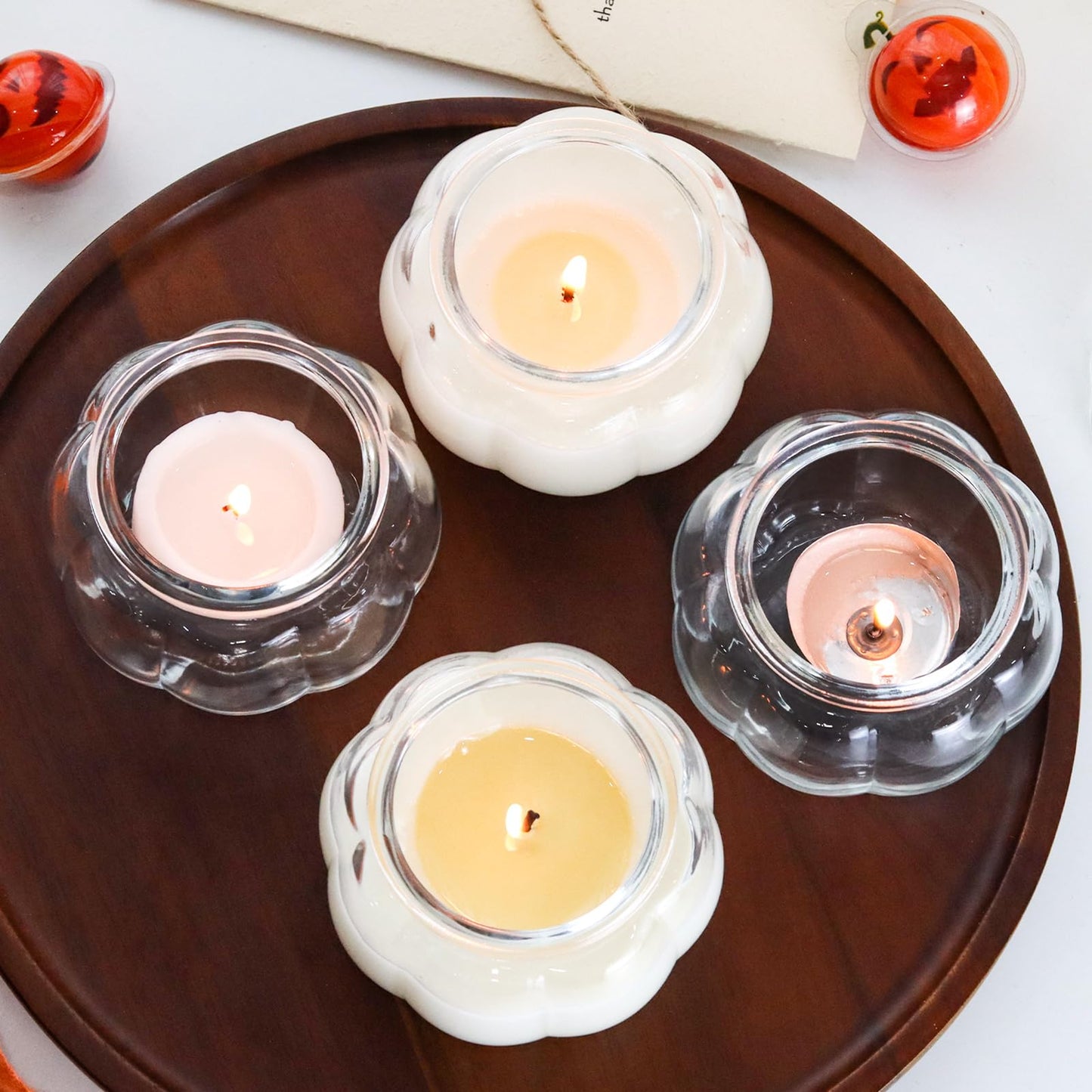 SYFURNIX Pumpkin Candle Jar for Making Candles, 4PCS Clear Glass Candle Jars with Lids, Small Candle Containers for DIY Candle Gifts Halloween Fall Thanksgiving Table Decorations
