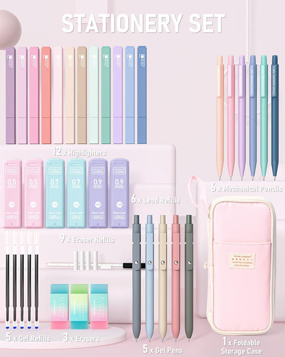 Four Candies 39 PCS Aesthetic Stationery Set with Cute Pen Case, College Supplies and Nursing Essentials, 12 Pastel Highlighters, 5 Black Gel Pens, 6 Mechanical Pencils, Pink