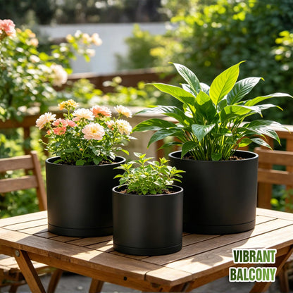 Areutxbis 10/9/8 Inch Large Plant Pots with Drainage Holes and Trays, 3 Pack Modern Minimalist Cylinder Planters for Monstera, Snake Plant, Indoor Outdoor (Matte Black)