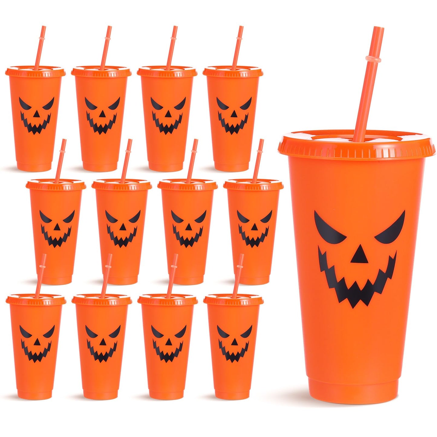 Honeydak 12 Pcs Summer Halloween Pumpkin Plastic Cups 24 oz Reusable Jack O Lantern Pumpkin Tumblers with Lids and Straws for Hot/cold Drinks for Iced Coffee Home Office Decoration Party Favors