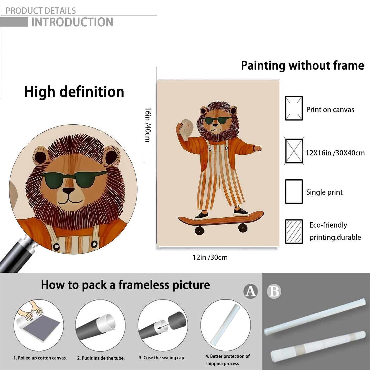 Funny Animal Picture Animal Wall Art Nursery Wall Art Kids Room Aesthetic Prints Minimalist Lion Skateboard Picture 12x16 Inch UnFramed for Living room Dorm Nursery Kids Room Baby Room & Game Den