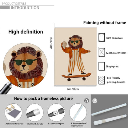 Funny Animal Picture Animal Wall Art Nursery Wall Art Kids Room Aesthetic Prints Minimalist Lion Skateboard Picture 12x16 Inch UnFramed for Living room Dorm Nursery Kids Room Baby Room & Game Den