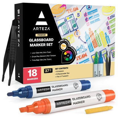 ARTEZA Glass Board Markers, Pack of 18, 10 Classic and 8 Neon Colors for Whiteboards and Windows, Erasable Dry Erase Markers, Office, School Supplies