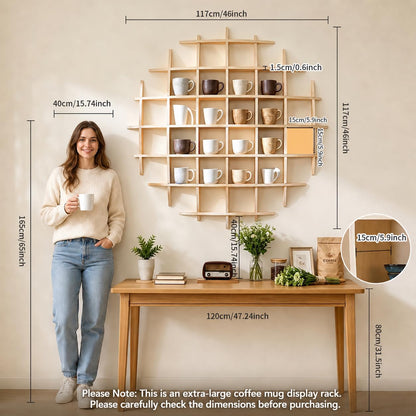 Sicrifety 46" x46"Oversize Wooden Coffee Mug Display Shelf,Rustic Wooden Floating Curio Shelf-Mug Holder for Wall,Wall Mounted Tea Cup Display Stand for Living Room Kitchen Office