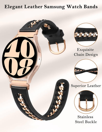 Minyee Leather Band Compatible with Samsung Galaxy Watch 7/6/5/4/FE/Active 2 40mm 44mm/Watch 6 Classic 43mm 47mm/Watch 5 Pro 45mm Bands, 20mm Dressy Leather Strap with Metal Chain, Black/Rose Gold