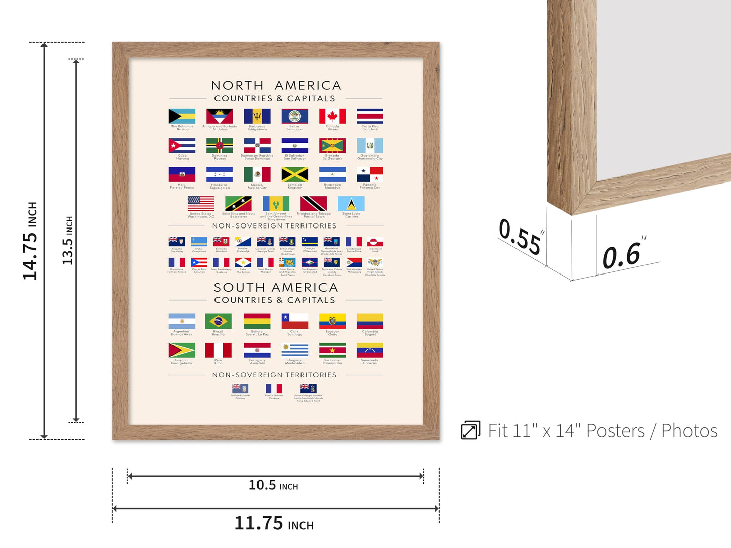 Poster Master Flags of the Americas Poster - North & South American Countries & Capitals Print - Educational Art - Gift for Student & Teacher - Decor for Classroom or Library, 11x14 Beige Framed